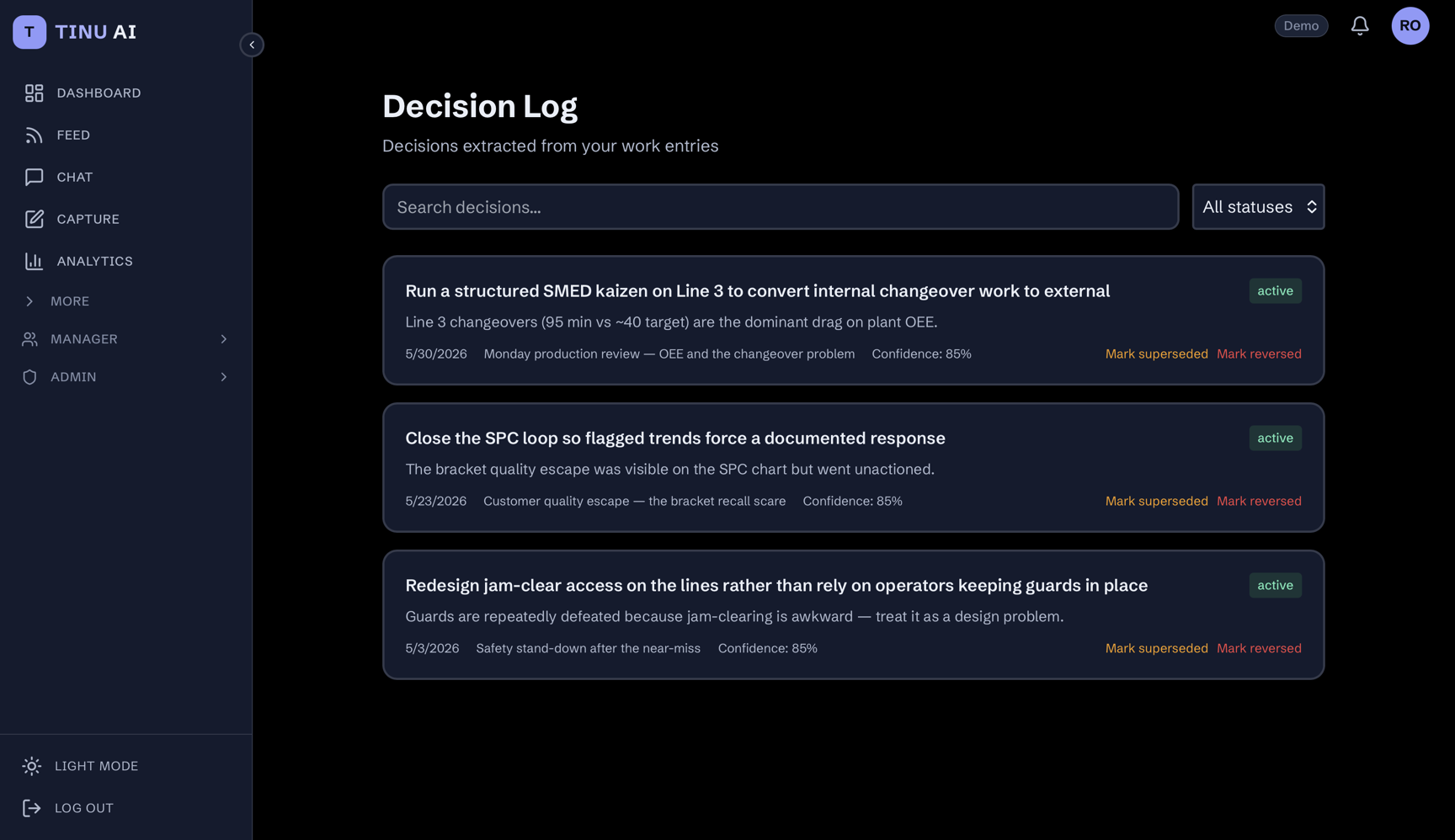 Tinu Decision Log for Forge Industrial — the SMED Line 3 changeover (95 to 62 minutes) and SPC-loop decisions.